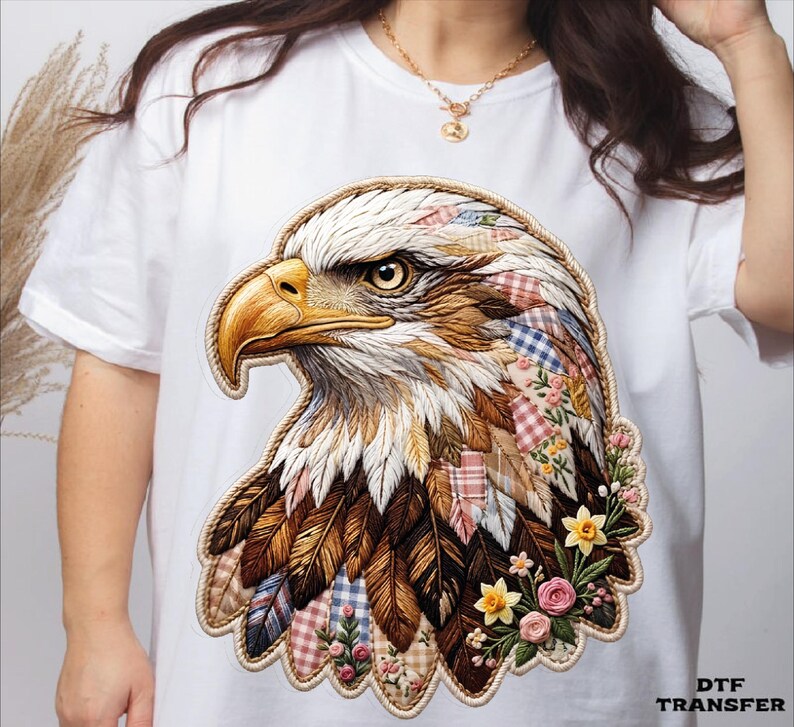 Patchwork Boho Eagle DTF Transfer, Patriotic Floral Eagle Heat Press image 4