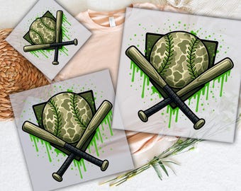 May include: DTF transfers showing a baseball with a camouflage design, crossed baseball bats, and green paint splatter. The text "READY TO PRESS" and "DTF TRANSFERS" are displayed in purple.
