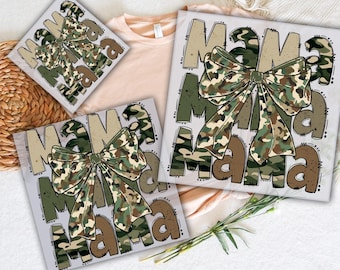 May include: Ready to press iron-on transfer design featuring the word "Mama" repeated three times in a camouflage pattern with a large bow in the center. The design is on a white background.