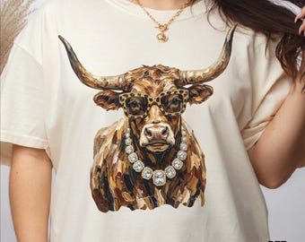 Oil Brushstroke Boujee Highland Cow Dtf Transfer, Rhinestone Sunglasses Western Glam Cow Heat Press