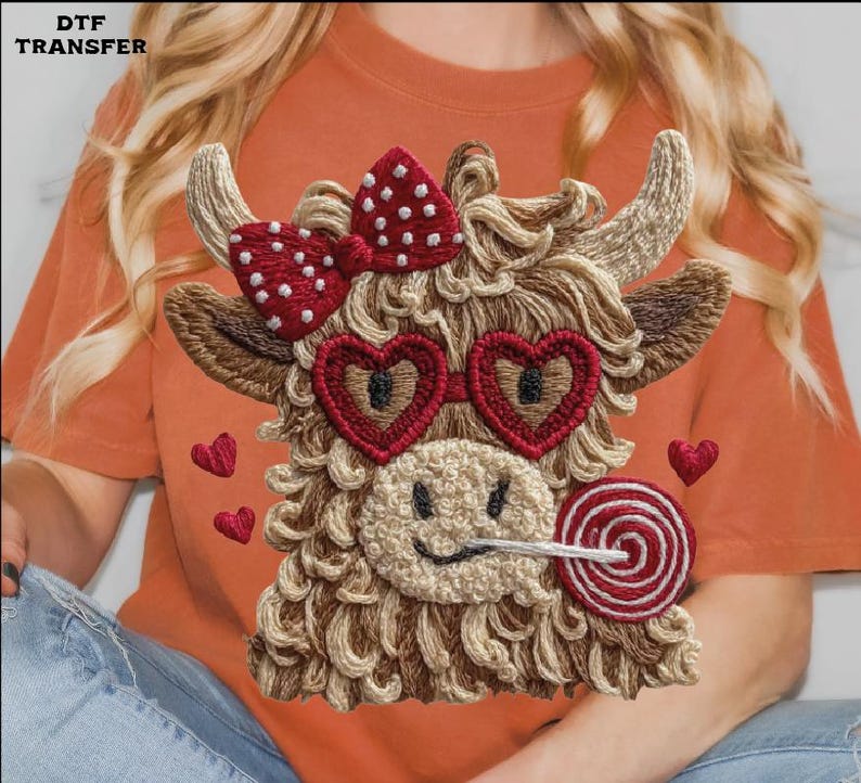 Pode incluir: Design bordado de uma vaca Highland usando &oacute;culos de sol em forma de cora&ccedil;&atilde;o e um la&ccedil;o de bolinhas. A vaca tem um pirulito na boca e pequenos detalhes de cora&ccedil;&atilde;o. O design est&aacute; em uma camiseta laranja.