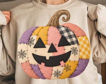 Retro Halloween Patchwork Pumpkin DTF Transfer: Ready to Press
