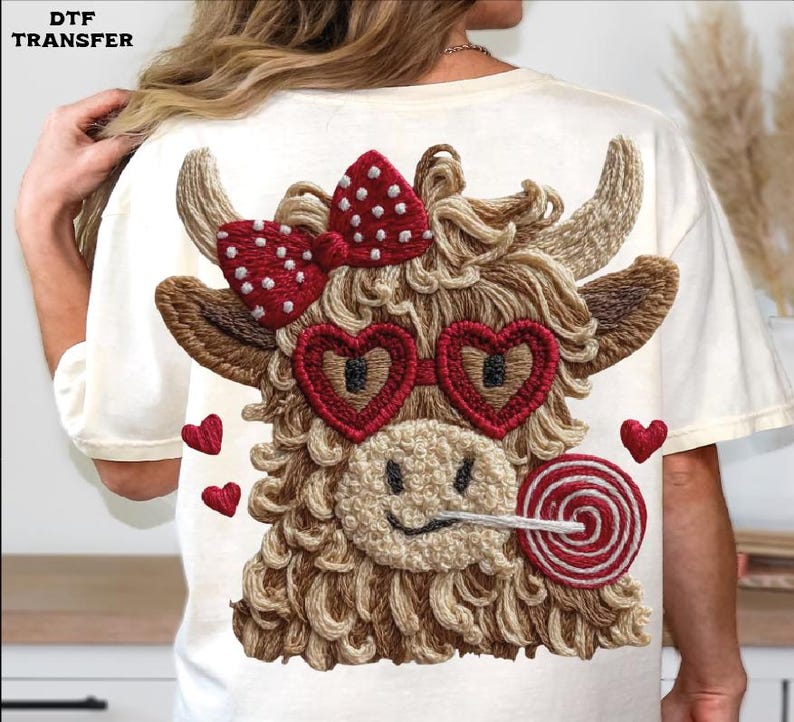 Pode incluir: Camiseta creme com um design bordado detalhado de uma vaca das Terras Altas com &oacute;culos de sol em forma de cora&ccedil;&atilde;o e um la&ccedil;o vermelho com bolinhas brancas. A vaca tamb&eacute;m segura um pirulito. Pequenos cora&ccedil;&otilde;es vermelhos est&atilde;o espalhados.