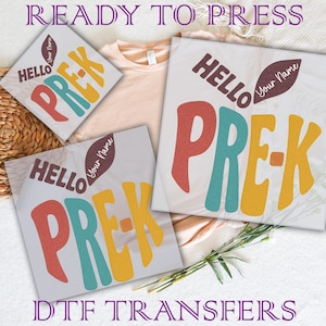 Transfert DTF Hello Pre-K personnalisé : presse à chaud Apple rétro pour la rentrée des classes