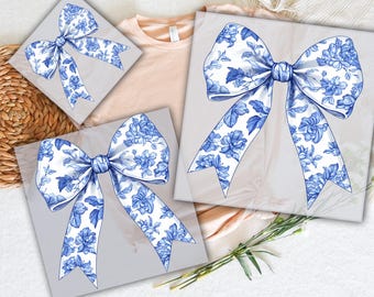 Blue Chinoiserie Bow DTF: Floral Coquette Ready To Press