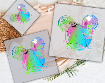 May include: DTF transfers featuring a colorful Oogie Boogie design. The design includes a cartoon character in pink, green, and blue, with the text "Let's Oogie Boogie". The transfers are ready to press and are displayed on a white background.