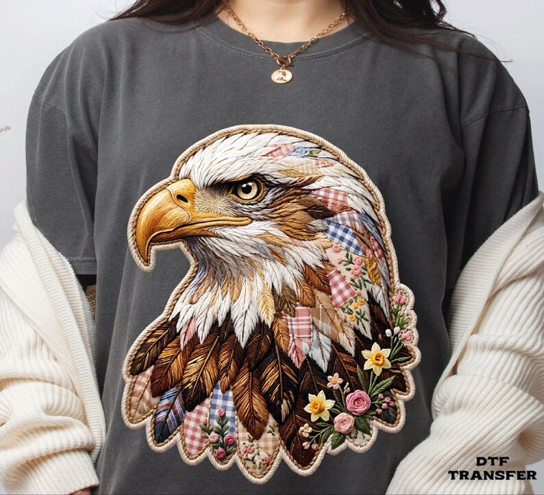 Patchwork Boho Eagle DTF Transfer, Patriotic Floral Eagle Heat Press image 7