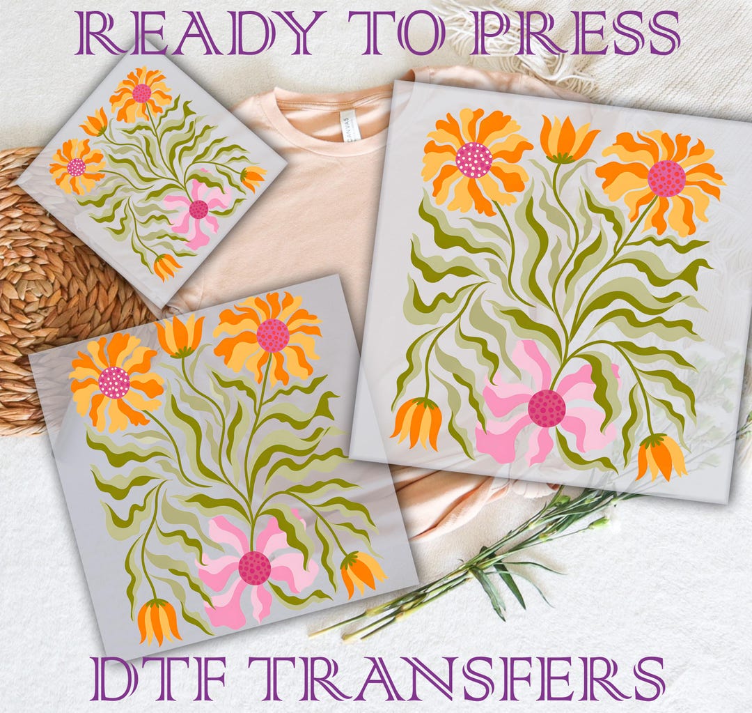 Retro Floral DTF Transfer, Boho Cottagecore Style, Ready to Press - Etsy