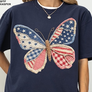 Coquette Patchwork Patriotic Butterfly DTF Transfer, Faux Quilted Butterfly USA Flag Ready to Press