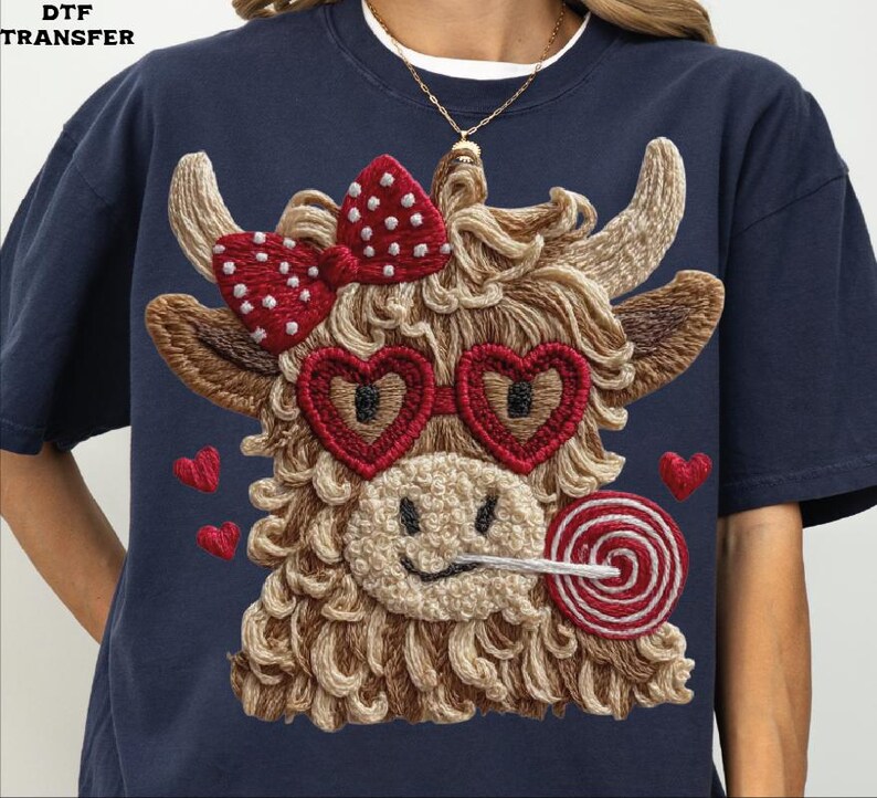 Pode incluir: Camiseta azul marinho com um design bordado de vaca Highland. A vaca tem &oacute;culos de sol em forma de cora&ccedil;&atilde;o, um la&ccedil;o vermelho e um pirulito. Pequenos cora&ccedil;&otilde;es vermelhos est&atilde;o espalhados. A camiseta tem gola redonda.