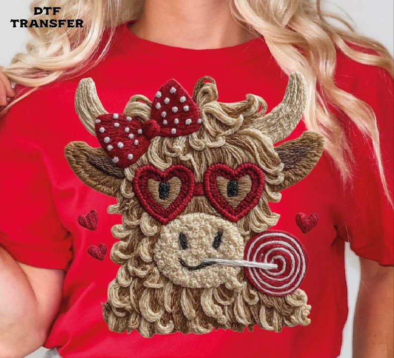 Pode incluir: Camiseta vermelha com um design bordado de vaca Highland. A vaca usa &oacute;culos de sol em forma de cora&ccedil;&atilde;o, um la&ccedil;o e um pirulito. O design inclui o texto "DTF TRANSFER" no canto superior esquerdo.