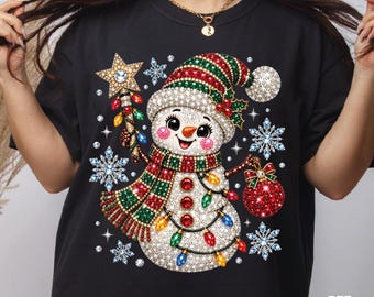 Rhinestone Christmas Snowman DTF Transfer, Bling Xmas Snowman Heat Press, Festive Snowflake Christmas Iron On