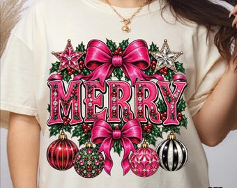 Rhinestone Pink Merry Christmas DTF Transfer, Coquette Christmas Pink Bow Ready To Press, Girly Christmas Ornament Trees Iron On