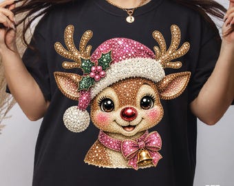 Rhinestone Reindeer Christmas DTF Transfer, Pink Rhineston Rudolph Ready To Press, Sparkly Holiday Reindeer Iron On