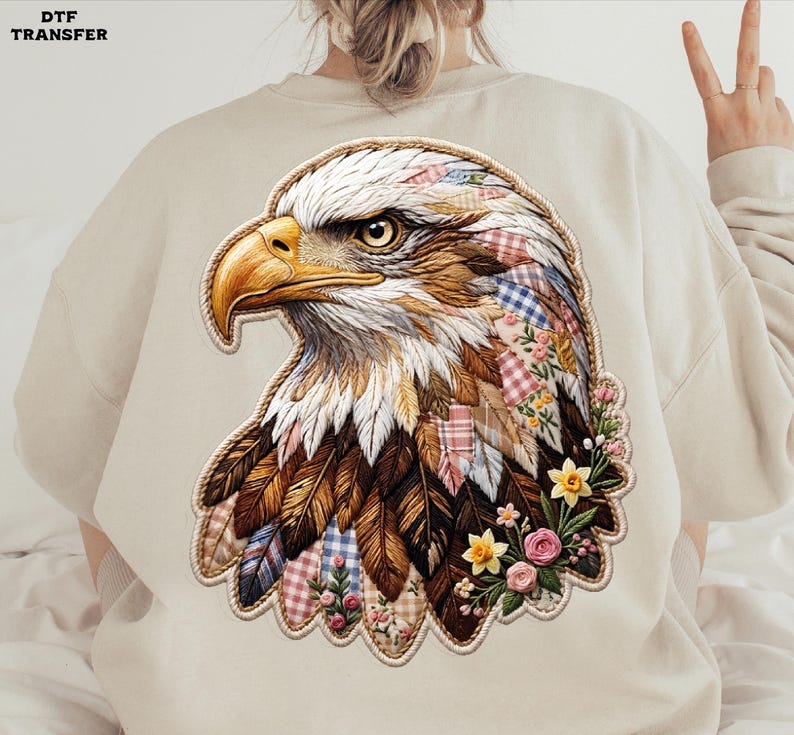 Patchwork Boho Eagle DTF Transfer, Patriotic Floral Eagle Heat Press image 6