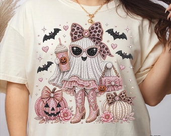 Rhinestone Ghost with Leopard Bow DTF Transfer, Glitter Pink Halloween Ghost Ready To Press
