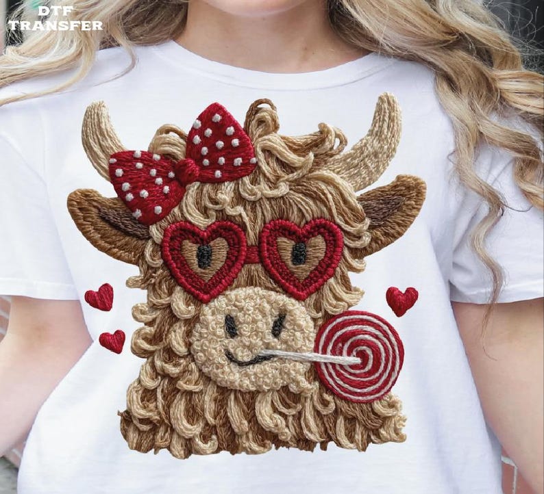 Pode incluir: Camiseta branca com um desenho bordado de uma vaca Highland com &oacute;culos de sol em forma de cora&ccedil;&atilde;o, um la&ccedil;o vermelho e um pirulito. A vaca tem um rosto sorridente e &eacute; cercada por pequenos cora&ccedil;&otilde;es vermelhos.