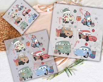 May include: A set of 10 iron-on transfers featuring a Christmas theme with cars wearing Santa hats. The transfers are ready to press onto fabric. The text "READY TO PRESS" and "DTG TRANSFERS" are visible in the image.