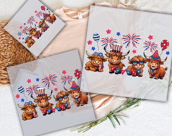 4th of July Highland Cow DTF Transfer: American Pride Heat Transfer