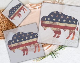 American Flag Bison DTF Transfer: Distressed Retro 4th of July