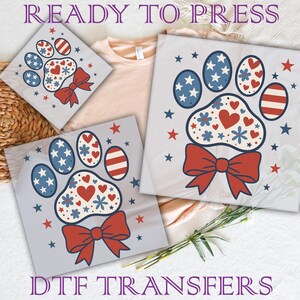 Retro Dog Paw Coquette Bow 4th Of July Ready To Press, Patriotic Dog Paw Dtf Transfer, Dog Patriotic Dtf, Dog Lover Dtf