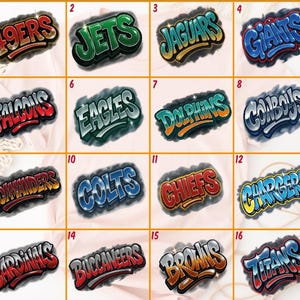 May include: A collection of sixteen sports-themed patches, each featuring a team name in a graffiti-style font. The patches display team names like "49ERS," "JETS," and "GIANTS" in vibrant colors with a metallic outline.