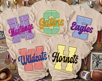 Personalized Gingham School Mascot DTF Transfer: Custom School Name Flag Heat Press, Choose Your Size