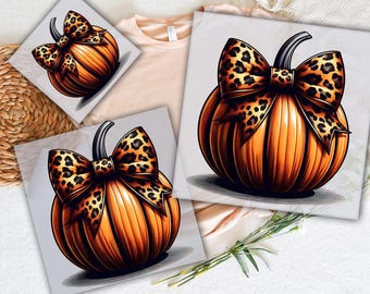 Pode incluir: Ilustração de uma abóbora laranja com um laço com estampa de leopardo. A imagem inclui o texto "READY TO PRESS" e "DTF TRANSFERS". A abóbora tem um caule preto e está sobre um fundo claro. Adequado para produtos com tema de outono ou Halloween.