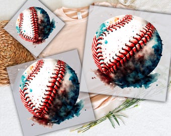 May include: DTF transfers with a baseball theme. The design features watercolour-style baseballs with red stitching and blue and red accents. The text "READY TO PRESS" and "DTF TRANSFERS" are visible.