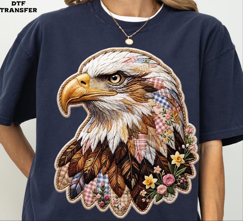 Patchwork Boho Eagle DTF Transfer, Patriotic Floral Eagle Heat Press image 3