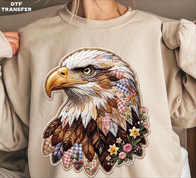 Patchwork Boho Eagle DTF Transfer, Patriotic Floral Eagle Heat Press image 2