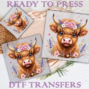 May include: A digital download of a cute Highland cow with a floral crown. The image is perfect for creating iron-on transfers for t-shirts, tote bags, and other apparel.