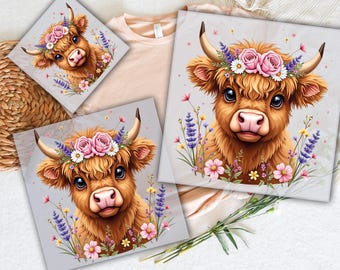 May include: A digital download of a cute Highland cow with a floral crown. The image is perfect for creating iron-on transfers for t-shirts, tote bags, and other apparel.