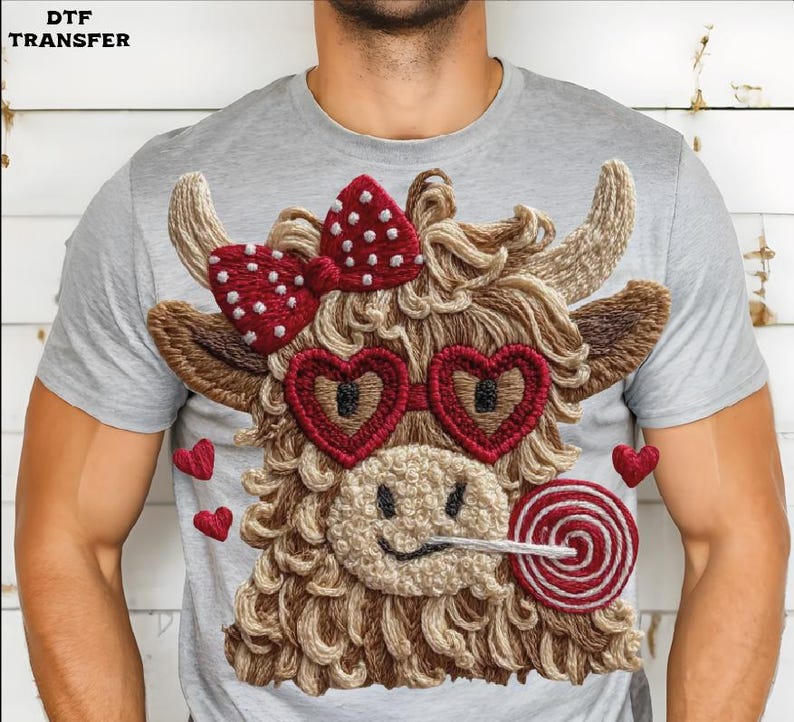 Pode incluir: Camiseta cinza claro com um design bordado extravagante de uma vaca das Terras Altas. A vaca tem &oacute;culos em forma de cora&ccedil;&atilde;o, um la&ccedil;o vermelho com bolinhas brancas e um pirulito. Pequenos cora&ccedil;&otilde;es vermelhos est&atilde;o espalhados pelo design.