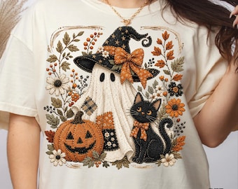 Cozy Halloween Ghost DTF Transfer, Black Cat Pumpkin Witch Hat Ready To Press, Floral Halloween Iron On