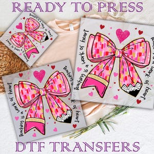 Valentine Teacher Coquette DTF: Glitter Pencil Bow, Ready to Press