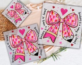 Valentine Teacher Coquette DTF: Glitter Pencil Bow, Ready to Press