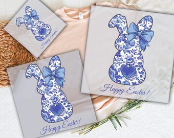 Blue Chinoiserie Easter Bunny DTF: Grand Millennial Floral Transfer