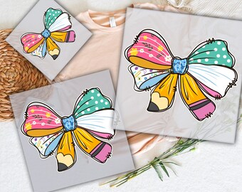 May include: Colorful bow-shaped DTF transfers with pencil accents. The bows feature various patterns, including polka dots, floral designs, and stripes. The text "READY TO PRESS" and "DTF TRANSFERS" are visible.