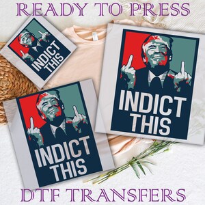 May include: Three iron-on transfers featuring a political figure with the text "Indict This" in red, white, and blue colors. The transfers are ready to press onto fabric.