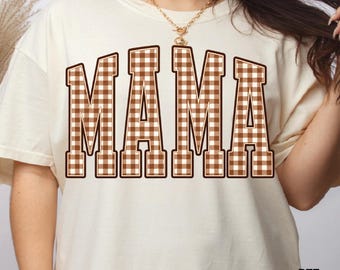 Brown Gingham Plaid Mama DTF Transfer, Gingham Checkered Mama Heat Press, Neutral Mama Iron On