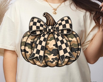 Camo Pumpkin Bow DTF Transfer, Checkered Pumpkin Ready To Press, Checkered Bow Iron On