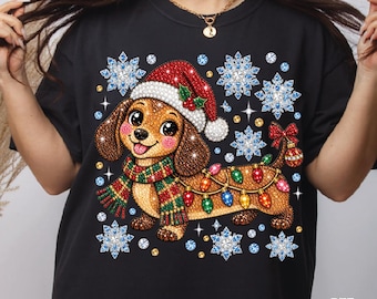 Rhinestone Christmas Dachshund DTF Transfer, Santa Hat Puppy Ready To Press, Bling Christmas Wiener Dog Iron On