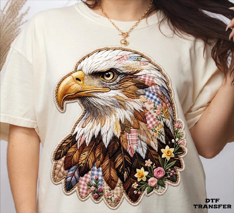 Patchwork Boho Eagle DTF Transfer, Patriotic Floral Eagle Heat Press image 5