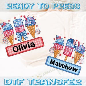 Personalized 4th Of July Kids DTF Transfer: Patriotic Ice Cream Design, Ready To Press