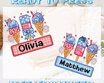 Personalized 4th Of July Kids DTF Transfer: Patriotic Ice Cream Design, Ready To Press
