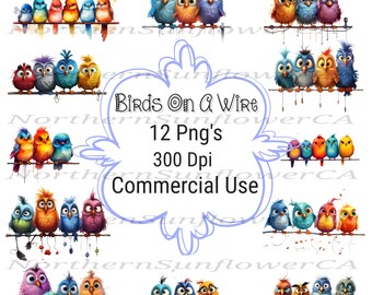 Pacchetto di clipart di uccelli su un filo: grafica PNG stravagante (download digitale)