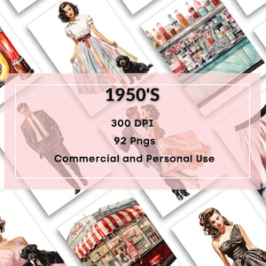 Jaren 50 clipartbundel: retro diner, jukebox en auto's (digitale png-afbeeldingen, commerciële licentie)