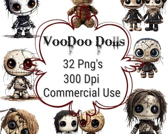 May include: A collection of 32 voodoo doll digital clipart images. The dolls are illustrated in a cartoon style with stitched seams, button eyes, and various expressions. The images are 300 DPI and for commercial use.