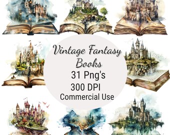 May include: Watercolor illustrations of fantasy castles atop open books. The image includes the text "Vintage Fantasy Books, 31 Png's, 300 DPI, Commercial Use". The castles feature towers, turrets, and detailed architectural elements, set against a watercolor background.